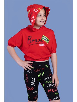 Toontoy Kız Çocuk 2'li Takım Baskılı Kapüşonlu Kısa Kollu Crop Sweatshirt & Basic Düz Crop Tayt