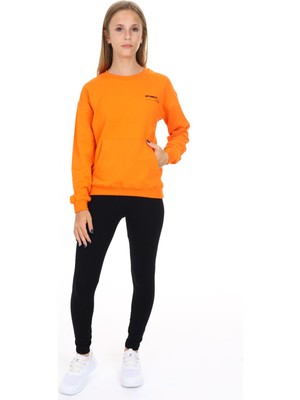 Toontoy Kız Çocuk 2'li Takım Baskılı Bisiklet Yaka Düşük Omuz Cepli Sweatshirt & Basic Düz Tayt