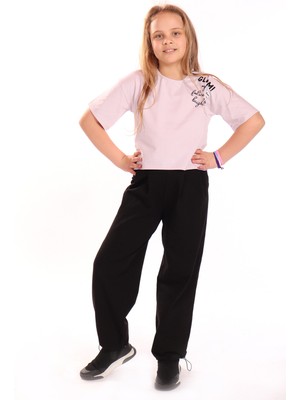 Toontoy Kız Çocuk 2'li Takım Baskılı Kısa Kollu T-Shirt & Beli Lastikli Ayarlanabilir Paça Jogger Eşofman Altı - 2 Ipilk