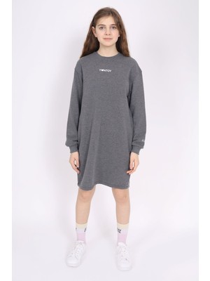 Toontoy Kız Çocuk Baskılı Oversize Bisiklet Yaka Uzun Kollu Elbise -