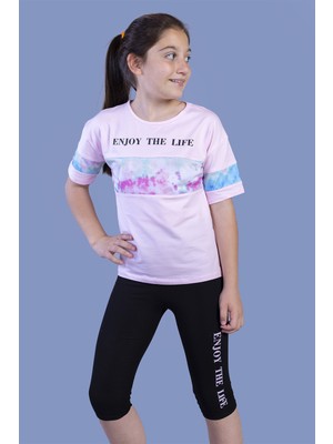 Toontoy Kız Çocuk 2'li Takım Baskılı Bisiklet Yaka T-Shirt & Basic Düz Crop Tayt & Garnili Detaylı