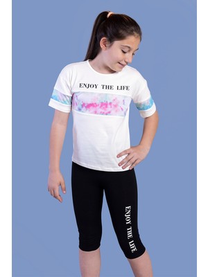 Toontoy Kız Çocuk 2'li Takım Baskılı Bisiklet Yaka T-Shirt & Basic Düz Crop Tayt & Garnili Detaylı