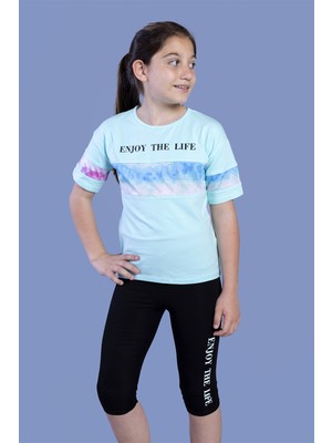 Toontoy Kız Çocuk 2'li Takım Baskılı Bisiklet Yaka T-Shirt & Basic Düz Crop Tayt & Garnili Detaylı