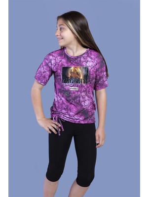 Toontoy Kız Çocuk 2'li Takım Baskılı Bisiklet Yaka T-Shirt & Basic Düz Tayt - Yırtmaç Detaylı - Bağcıklı