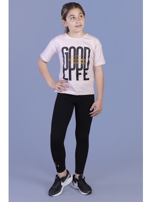 Toontoy Kız Çocuk 2'li Takım Baskılı Bisiklet Yaka T-Shirt & Basic Düz Tayt