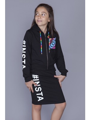 Toontoy Kız Çocuk 2'li Takım Baskılı Kapüşonlu Fermuarlı Sweatshirt & Cepli Basic Kalem Etek