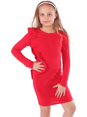 Toontoy Kız Çocuk Regular Fit Bisiklet Yaka Uzun Kollu Fırfırlı Elbise