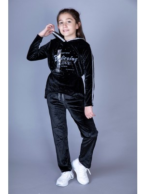 Toontoy Kız Çocuk 2'li Kadife Takım Baskılı Kapüşonlu Sweatshirt & Beli Lastikli Cepli Eşofman Altı - Şerit Detaylı