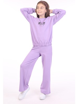 Toontoy Kız Çocuk 2'li Takım Baskılı Bisiklet Yaka Sweatshirt & Beli Lastikli Bol Paça Eşofman Altı - 2 Iplik