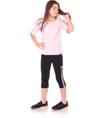 Toontoy Kız Çocuk 2'li Takım Baskılı Bisiklet Yaka T-Shirt & Beli Lastikli Crop Tayt