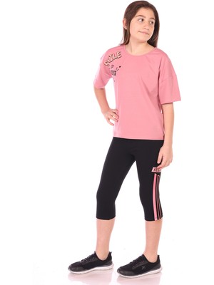 Toontoy Kız Çocuk 2'li Takım Baskılı Bisiklet Yaka T-Shirt & Beli Lastikli Crop Tayt