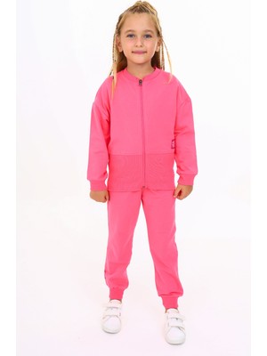 Toontoy Kız Çocuk 2'li Takım Baskılı Bisiklet Yaka Fermuarlı Ribanalı Sweatshirt & Beli Paçası Ribanalı Jogger Eşofman Altı - TK24218