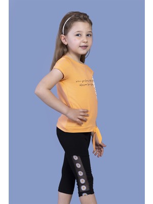 Toontoy Kız Çocuk 2'li Takım Baskılı Bisiklet Yaka T-Shirt & Basic Düz Crop Tayt - Bağcıklı