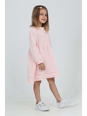 Toontoy Kız Çocuk Oversize Bisiklet Yaka Uzun Kollu Dokulu Elbise