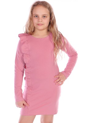 Toontoy Kız Çocuk Regular Fit Bisiklet Yaka Uzun Kollu Fırfırlı Elbise