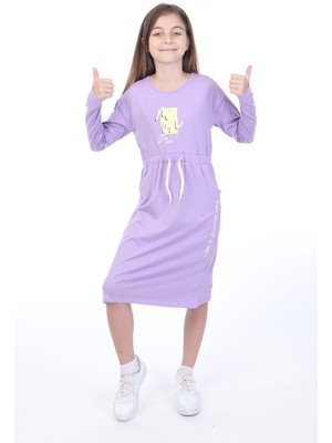 Toontoy Kız Çocuk Baskılı Relax Fit Bisiklet Yaka Uzun Kollu Bağcıklı Elbise -
