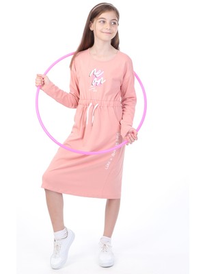 Toontoy Kız Çocuk Baskılı Relax Fit Bisiklet Yaka Uzun Kollu Bağcıklı Elbise -