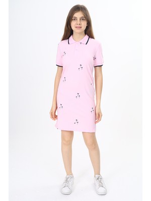 Toontoy Kız Çocuk Baskılı Regular Fit Polo Yaka Düğmeli Kısa Kollu Elbise - Kuşaklı &