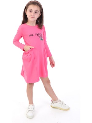 Toontoy Kız Çocuk Baskılı Relax Fit Bisiklet Yaka Uzun Kollu Cepli Elbise -