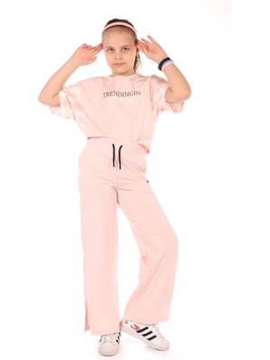 Toontoy Kız Çocuk 2'li Takım Baskılı Kısa Kollu Sweatshirt & Beli Lastikli Yırtmaçlı Bol Paça Eşofman Altı - 30/1 Penye