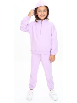 Toontoy Kız Çocuk 2'li Takım Kapüşonlu Yarım Fermuarlı Ribanalı Sweatshirt & Beli Paçası Lastikli Jogger Eşofman Altı - 2 Iplik