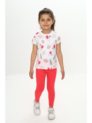 Toontoy Kız Çocuk 2'li Takım Baskılı Bisiklet Yaka T-Shirt & Beli Lastikli Tayt