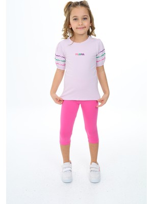 Toontoy Kız Çocuk 2'li Takım Baskılı Bisiklet Yaka Prenses Kol T-Shirt & Beli Lastikli Crop Tayt