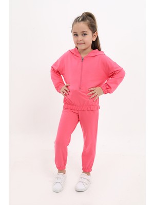 Toontoy Kız Çocuk 2'li Takım Kapüşonlu Fermuarlı Sweatshirt & Beli Paçası Lastikli Jogger Eşofman Altı - 2 Iplik