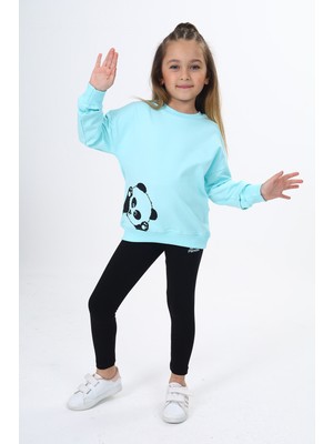 Toontoy Kız Çocuk 2'li Takım Baskılı Bisiklet Yaka Düşük Omuz Sweatshirt & Basic Düz Tayt