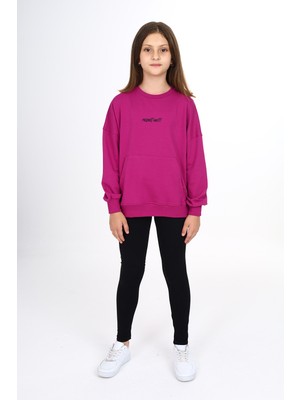 Toontoy Kız Çocuk 2'li Takım Baskılı Bisiklet Yaka Düşük Omuz Cepli Sweatshirt & Basic Düz Tayt