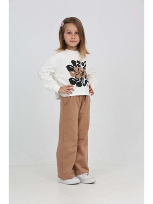 Toontoy Kız Çocuk 2'li Takım Baskılı Bisiklet Yaka Sweatshirt & Beli Lastikli Cepli Bol Paça Eşofman Altı - Renk Bloklu & 2 Iplik