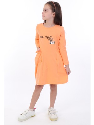 Toontoy Kız Çocuk Baskılı Relax Fit Bisiklet Yaka Uzun Kollu Cepli Elbise -