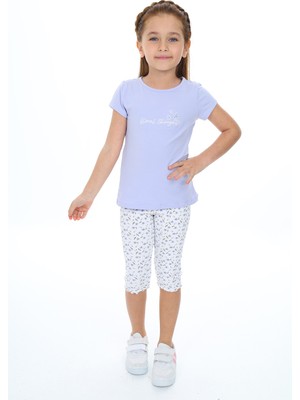 Toontoy Kız Çocuk 2'li Takım Baskılı Bisiklet Yaka T-Shirt & Beli Lastikli Crop Tayt