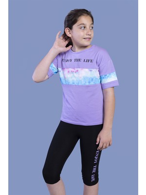 Toontoy Kız Çocuk 2'li Takım Baskılı Bisiklet Yaka T-Shirt & Basic Düz Crop Tayt & Garnili Detaylı