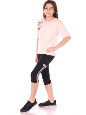 Toontoy Kız Çocuk 2'li Takım Baskılı Bisiklet Yaka T-Shirt & Beli Lastikli Crop Tayt