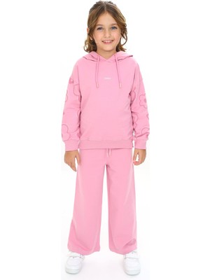 Toontoy Kız Çocuk 2'li Takım Kolu Baskılı Kapüşonlu Yırtmaçlı Sweatshirt & Beli Lastikli Bol Paça Eşofman Altı - 2 Iplik