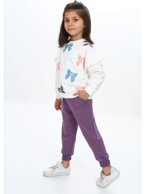 Toontoy Kız Çocuk 2'li Takım Baskılı Bisiklet Yaka Sweatshirt & Beli Lastikli Cepli Bol Paça Eşofman Altı - 2 Iplik