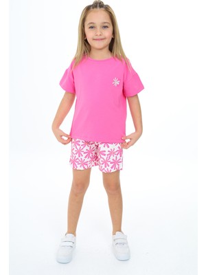 Toontoy Kız Çocuk 2'li Takım Baskılı Bisiklet Yaka T-Shirt & Beli Lastikli Şort