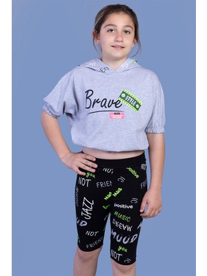 Toontoy Kız Çocuk 2'li Takım Baskılı Kapüşonlu Kısa Kollu Crop Sweatshirt & Basic Düz Crop Tayt