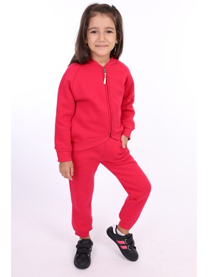 Toontoy Kız Çocuk 2'li Takım Nakış Baskılı Bebe Yaka Fermuarlı Sweatshirt & Beli Lastikli Bol Paça Eşofman Altı - 3 Iplik Şardonlu