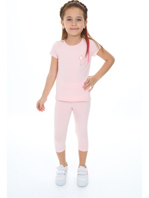 Toontoy Kız Çocuk 2'li Takım Baskılı Bisiklet Yaka T-Shirt & Beli Lastikli Crop Tayt