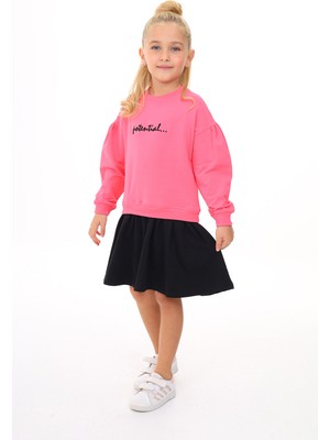 Toontoy Kız Çocuk Baskılı Relax Fit Bisiklet Yaka Uzun Kollu Elbise - Renk Bloklu - TK24346