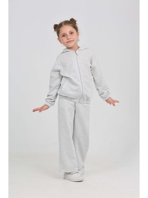 Toontoy Kız Çocuk 2'li Takım Çizgili Kapüşonlu Fermuarlı Cepli Sweatshirt & Beli Lastikli Bol Paça Eşofman Altı - Müslin