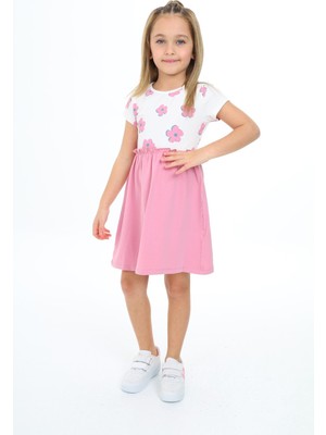 Toontoy Kız Çocuk Baskılı Regular Fit Bisiklet Yaka Kısa Kollu Elbise - Renk Bloklu