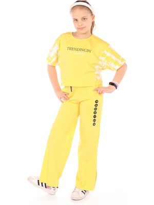 Toontoy Kız Çocuk 2'li Takım Baskılı Kısa Kollu Sweatshirt & Beli Lastikli Yırtmaçlı Bol Paça Eşofman Altı - 30/1 Penye