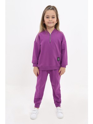 Toontoy Kız Çocuk 2'li Takım Baskılı Kolej Yaka Fermuarlı Cepli Sweatshirt & Beli Paçası Ribanalı Jogger Eşofman Altı - Nervürlü & 2 Iplik