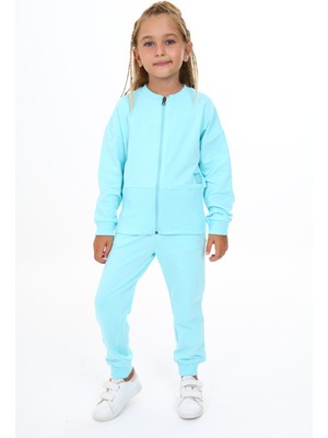 Toontoy Kız Çocuk 2'li Takım Baskılı Bisiklet Yaka Fermuarlı Ribanalı Sweatshirt & Beli Paçası Ribanalı Jogger Eşofman Altı - TK24218