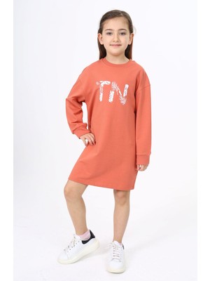 Toontoy Kız Çocuk Baskılı Relax Fit Bisiklet Yaka Uzun Kollu Elbise -