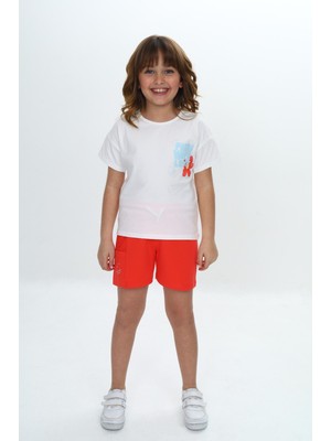 Toontoy Kız Çocuk 2'li Takım Baskılı Bisiklet Yaka T-Shirt & Beli Lastikli Tek Cepli Şort