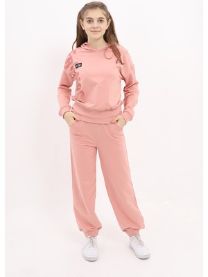 Toontoy Kız Çocuk 2'li Takım Baskılı Kapüşonlu Sweatshirt & Beli Paçası Ribanalı Cepli Jogger Eşofman Altı - TK22914